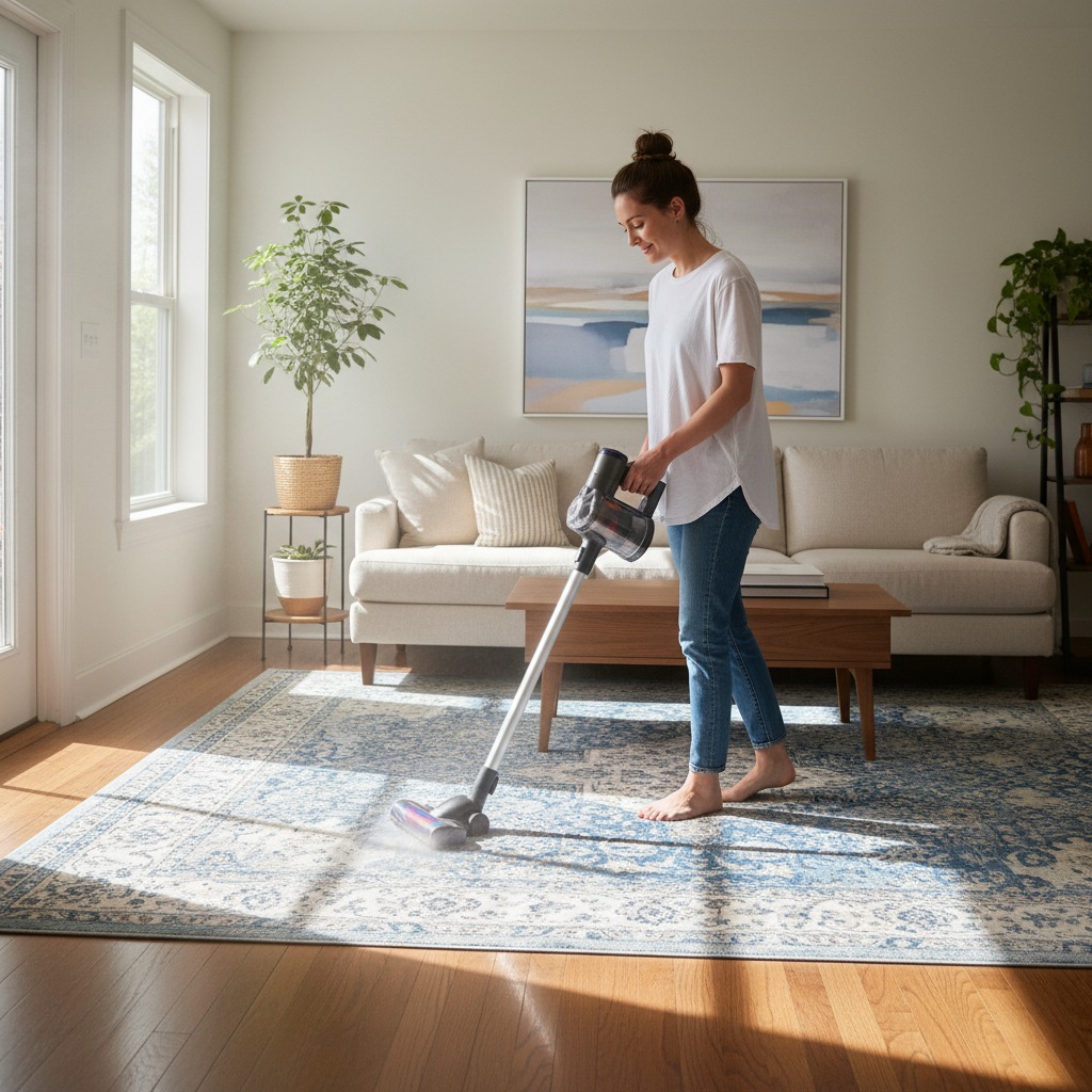 Une femme passe l'aspirateur balai sur un tapis bleu et blanc dans un salon lumineux.