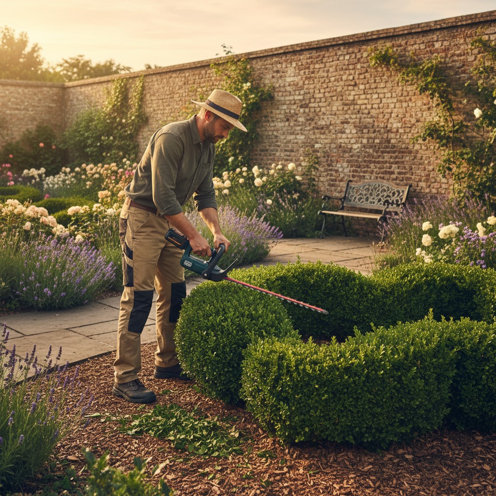 Un jardinier portant un chapeau de paille taille une haie avec un taille-haie électrique dans un jardin ensoleillé.