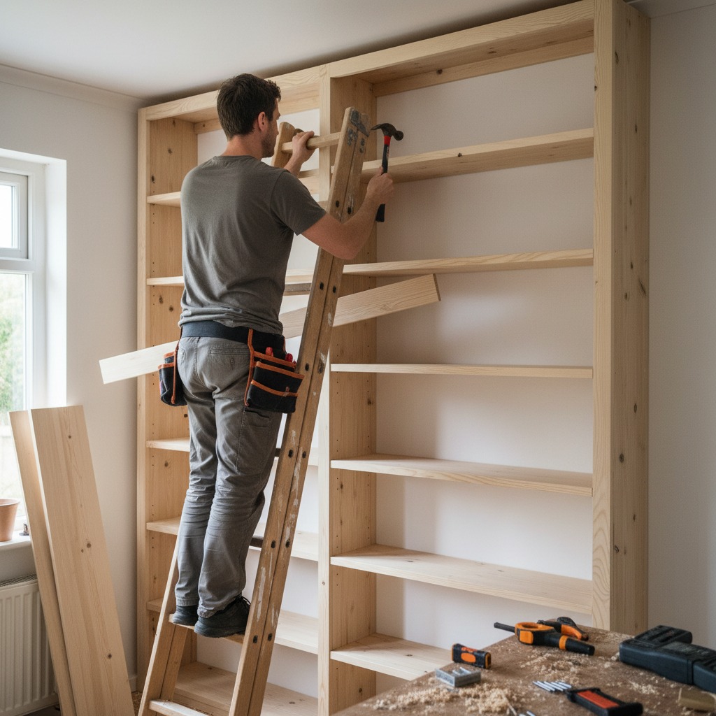 Un menuisier monte une étagère en bois sur mesure à l'aide d'un marteau tout en étant perché sur une échelle.